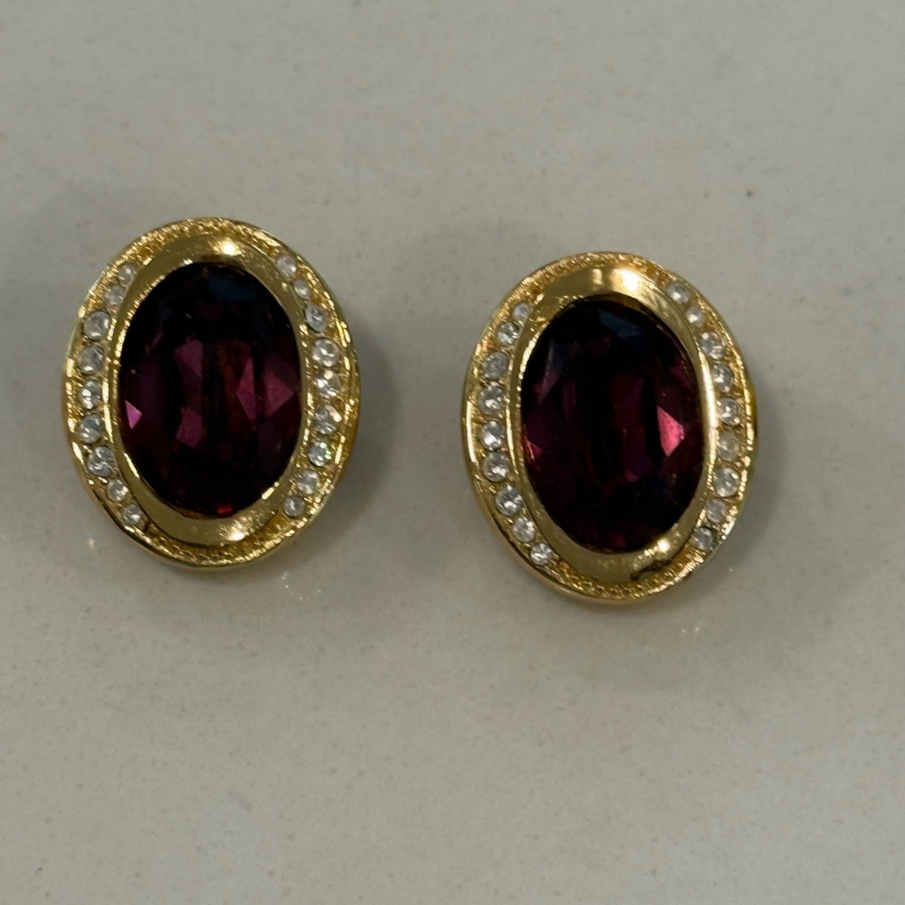 CHRISTIAN DIOR Purple Crystals Clip Earrings, Vintage Jewelry.